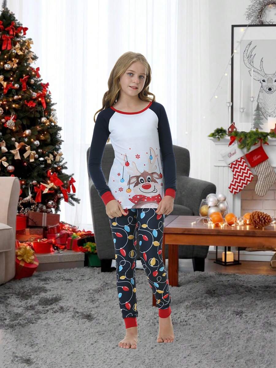 Conjunto De Roupas Femininas De 2 Peças Com Adorável Impressão De Rena E Luz Colorida, Incluindo Tops E Calças Confortáveis, Perfeito Para A Família No Feriado De Natal