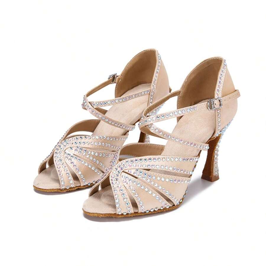 1 Pair Apricot Diamond Decor Satin Fashionable Comfortable High Heeled Latin & Chacha Dance Shoes
