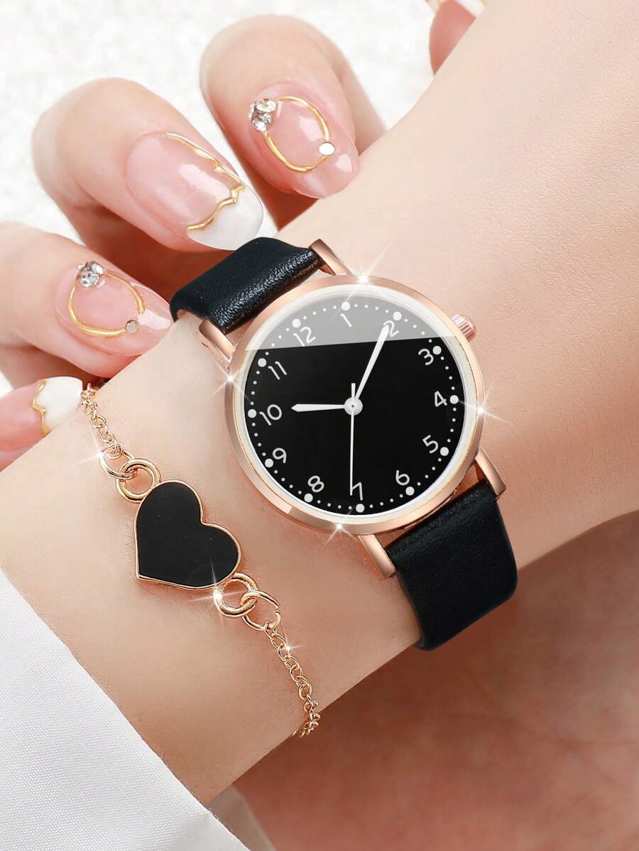 1 pieza Reloj de pulsera de cuarzo con correa simple y elegante con esfera pequeña + 1 pieza Pulsera con forma de corazón (Set de 2 piezas) para San Valentín
