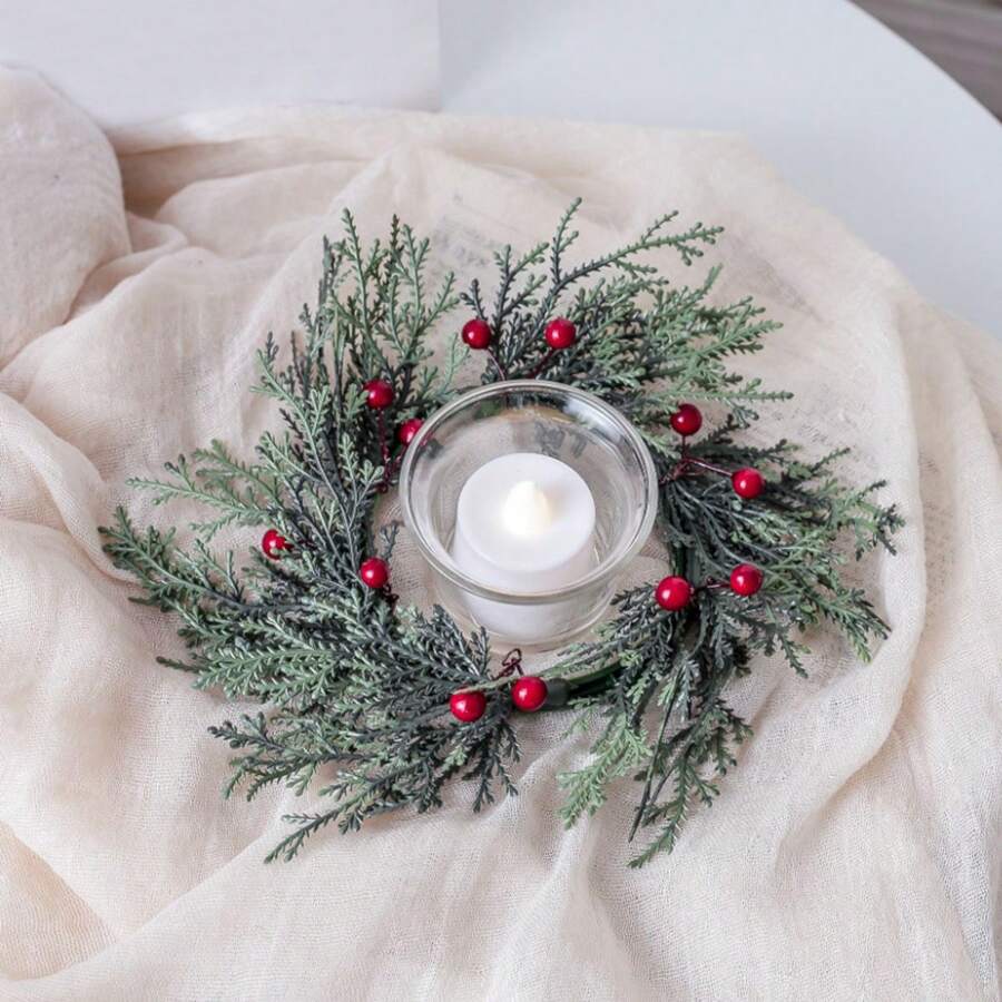 1pc Decorative Wreath For Candle Holders/Table Centerpieces With Faux Pine Needle & Flower, For Party Or Table Atmosphere Decoration Gifts Birthday Graduation