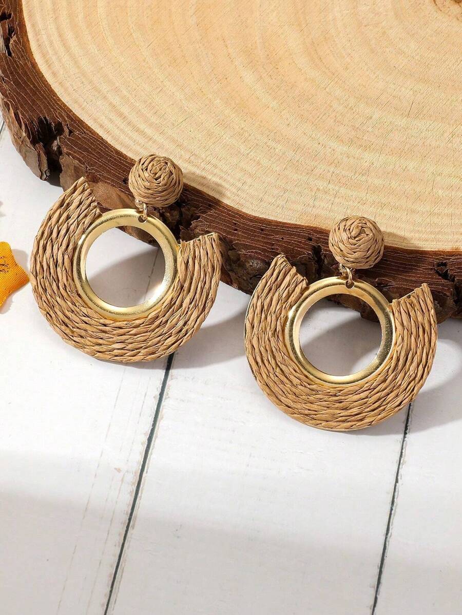 1 paar Boheemse stijl Handgemaakt Raffia Weven Rond Gevormd Oorbellen , Eenvoudig En Uniek Oor Accessoires Geschikt Voor Vrouwen Dagelijkse slijtage