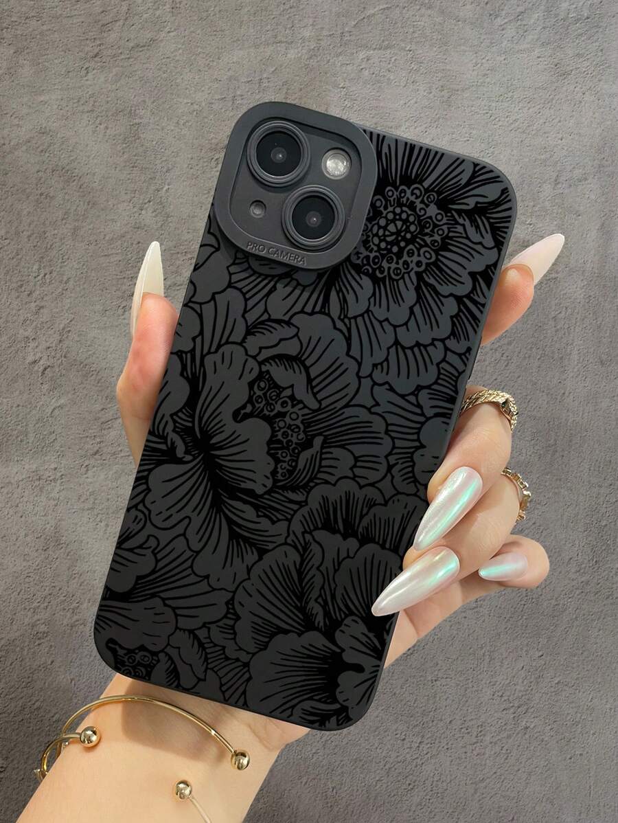 1 pieza Funda protectora de TPU para teléfono con patrón floral pintado en negro compatible con iPhone (11/12/13/14/15/15 Pro/15 Plus/15 Pro Max/7 Plus/8 Plus/X/Xs Max/Xr/11 Pro/12 Pro/13 Pro/14 Pro/12 Mini/13 Mini/11 Pro Max/12 Pro Max/13 Pro Max/14 Pro Max/14 Plus/6/6s/6 Plus/7/8/SE) y Samsung Galaxy