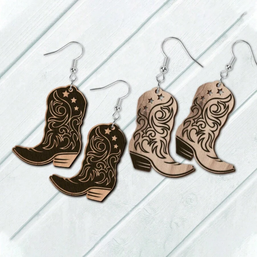 2 Paia/set Orecchini in legno con stivaletti da cowboy selvaggi dell"ovest vintage - Perfetti per feste vacanziere e uso quotidiano