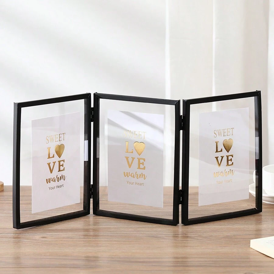 1pc Black Foldable Metal Tri-Fold Picture Frame Creative Multi-Frame Decoration For 4 Inch/6inch/7inch Photos Gifts Birthday Graduation