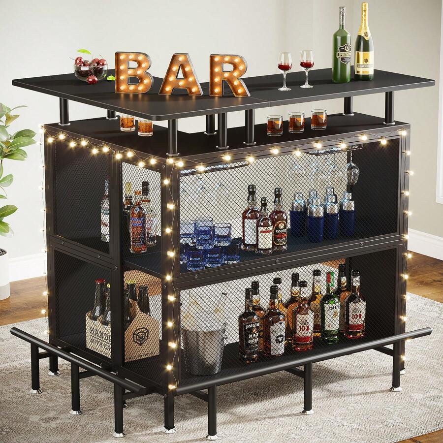 Tribesigns Home Bar Unit, L-Shaped Liquor Bar Table with Stemware Racks and 2-Tier Shelves, Corner Mini Bar Cabinet Coffee Bar Table with Footrest for Home/Kitchen/Bar/Pub, Bar Table