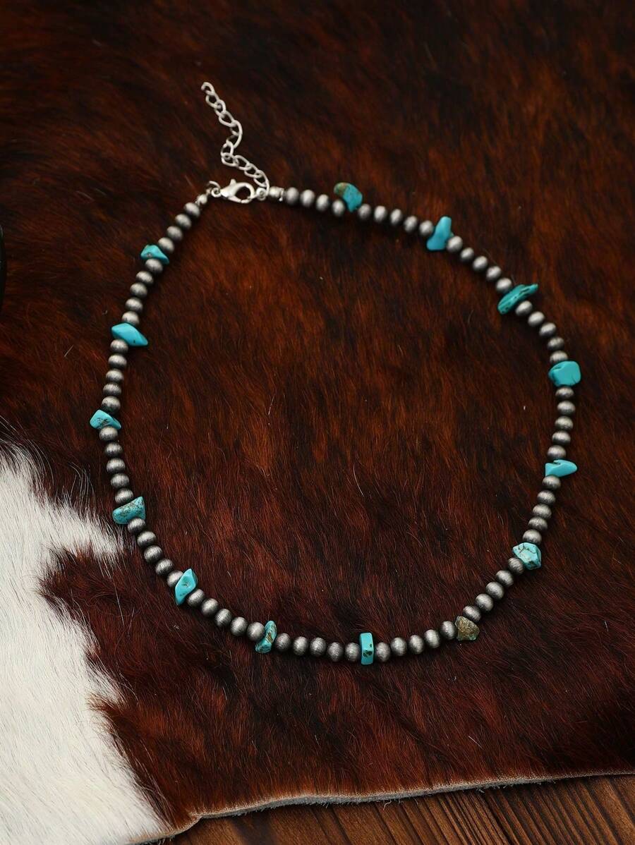 1 Pièce Collier En Perles Turquoises Et Perles De Culture Navajos Faux New Vintage Style Cow-boy , Adapté Pour Une Porter Quotidien Des Femmes