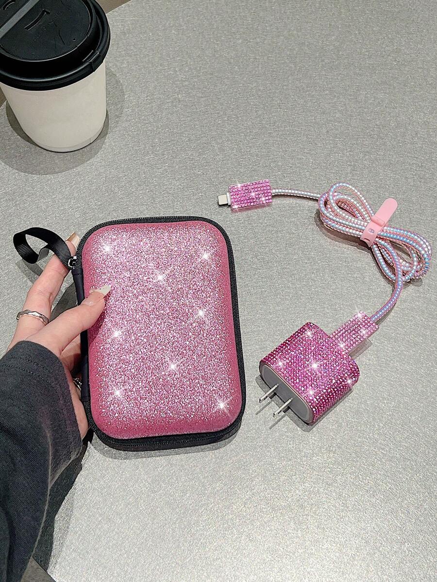 6pcs Sparkling Eva Cable Organizer Bag + Rhinestone Laser 1.5m Cable Winder + Anti-Break Data Cable + Tpu Charging Head Protector Compatible With Apple 12/13/14 Series 20w Fast Charging Data Cable