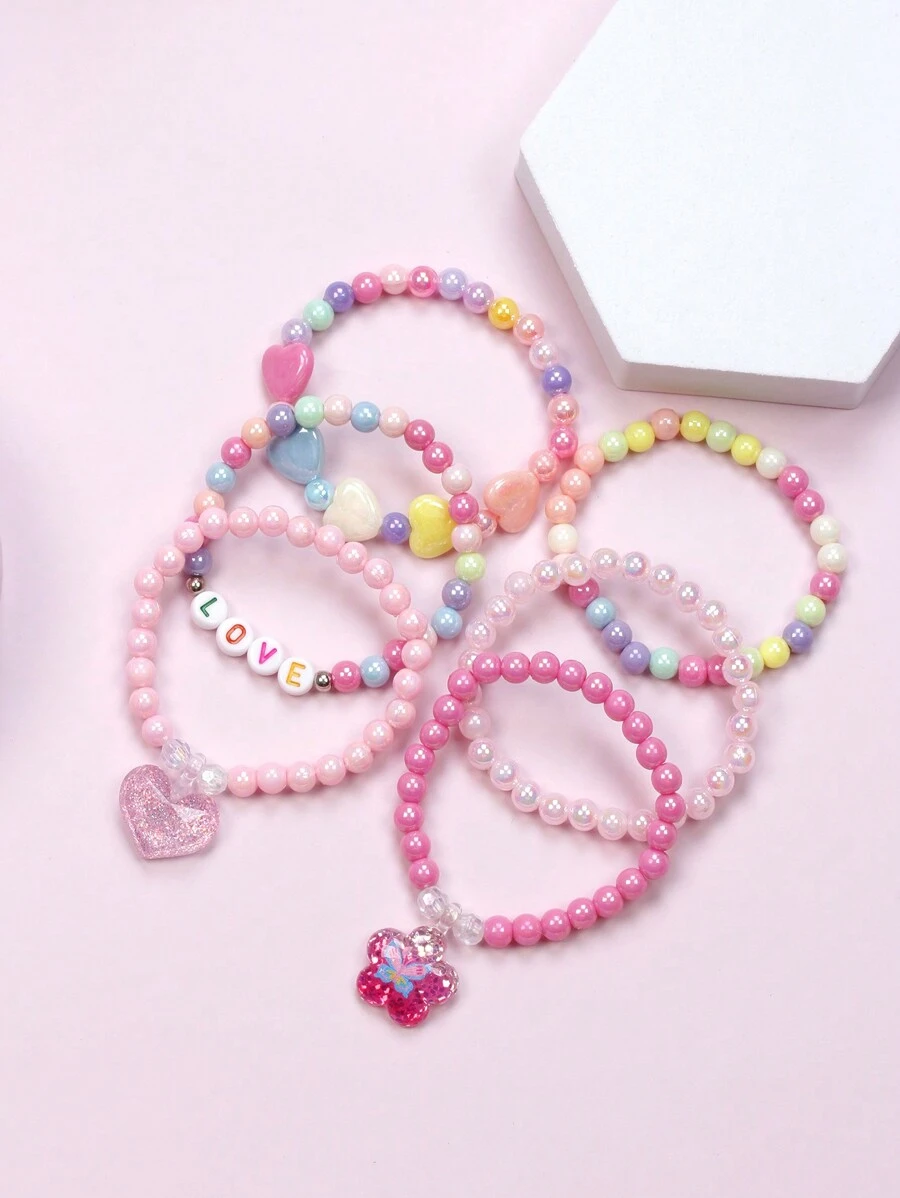 6pcs Girls' Lovely Flower & Heart Shaped Pendant Beaded Charm Bracelets Set For Daily Wear (Color Random)