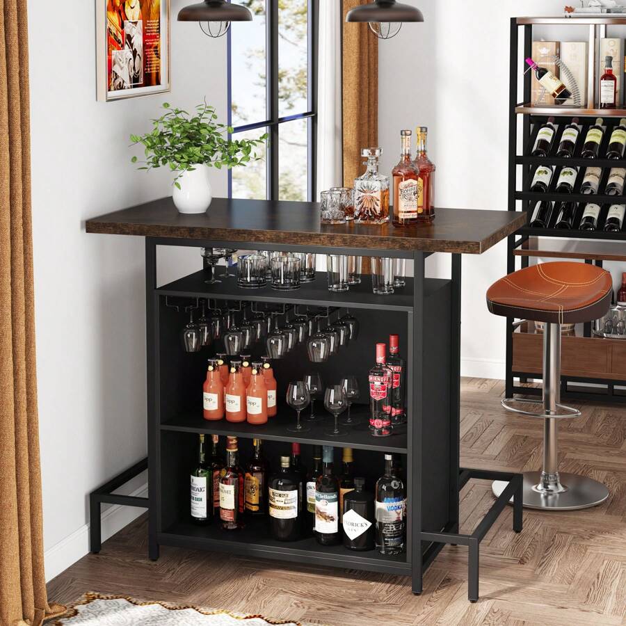 Tribesigns Home Bar Unit, Industrial 3-Tier Liquor Bar Table with Glasses Holder and Wine Storage, Wine Bar Cabinet Set Mini Bar with Footrest for Den Home Pub