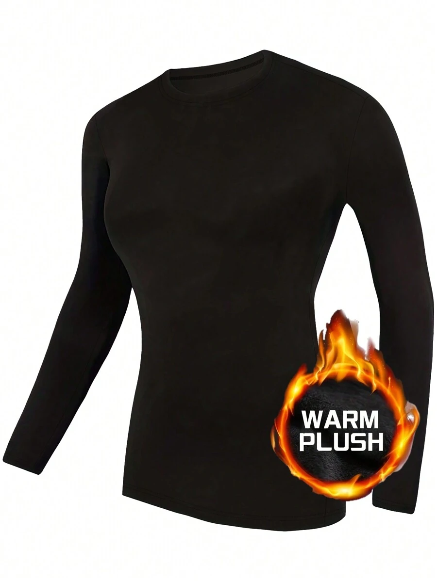 Women's Solid Color Warm Long Sleeve Athletic Top & Comfortable Baselayer Shirt For Winter Skiing & Hiking Basic T-Shirt