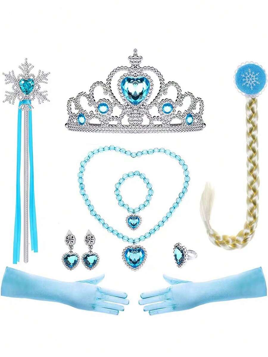 8 Stücke/set Prinzessin Rollenspiel Set, Enthält Haarband, Zauberstab, Ohrringe, Ring, Halskette, Armband, Handschuhe, Haarverlängerungen. Enthält Auch 3 Extra-stücke Im Set.