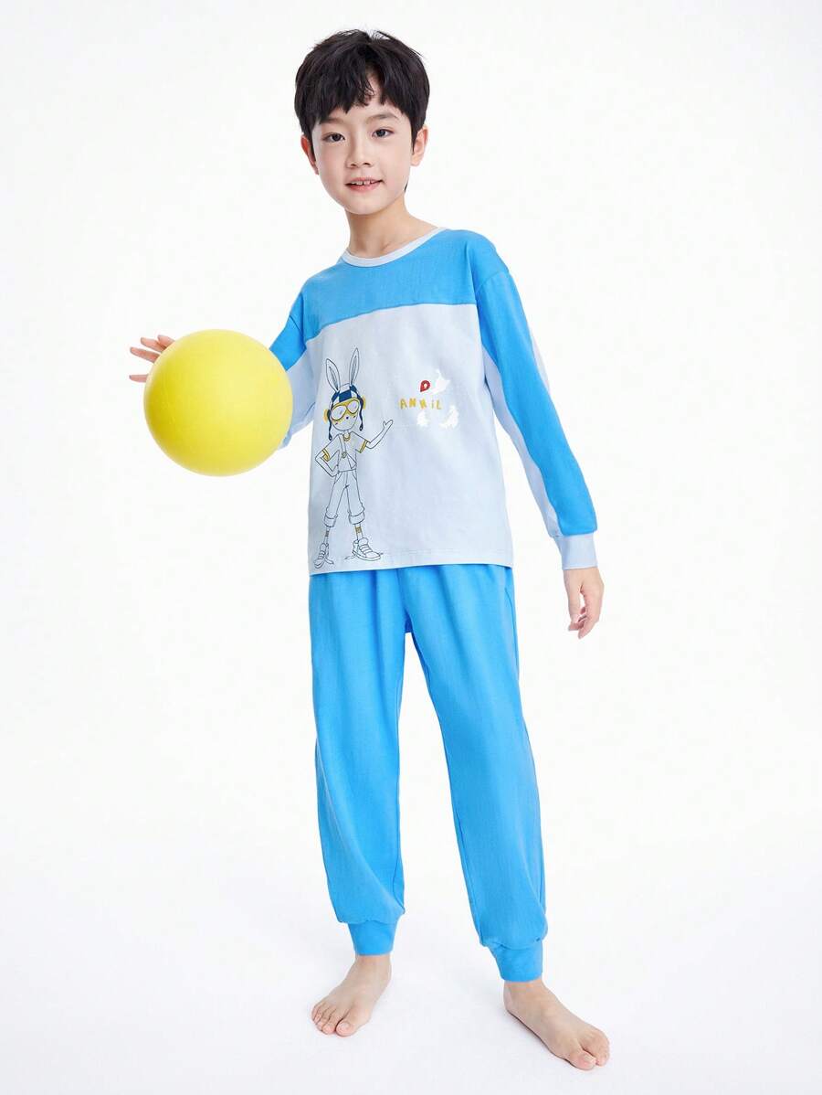 Annil Jungen Rundhals Langarm Hauskleidung, Einzelhose Set, Frühlings- und Herbst Schlafanzug, dünnes Basisdesign