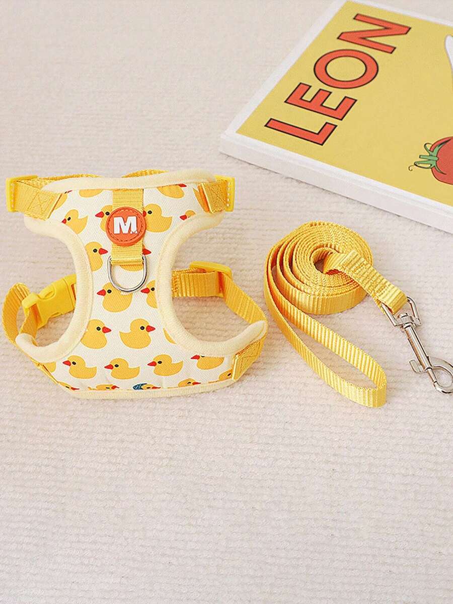 1pc Breathable Cartoon Duck Print Adjustable Chest Strap & 1pc150CM Nylon Leash Harness, Suitable For Cats & Small Dogs, Indoor & Outdoor, All Seasons