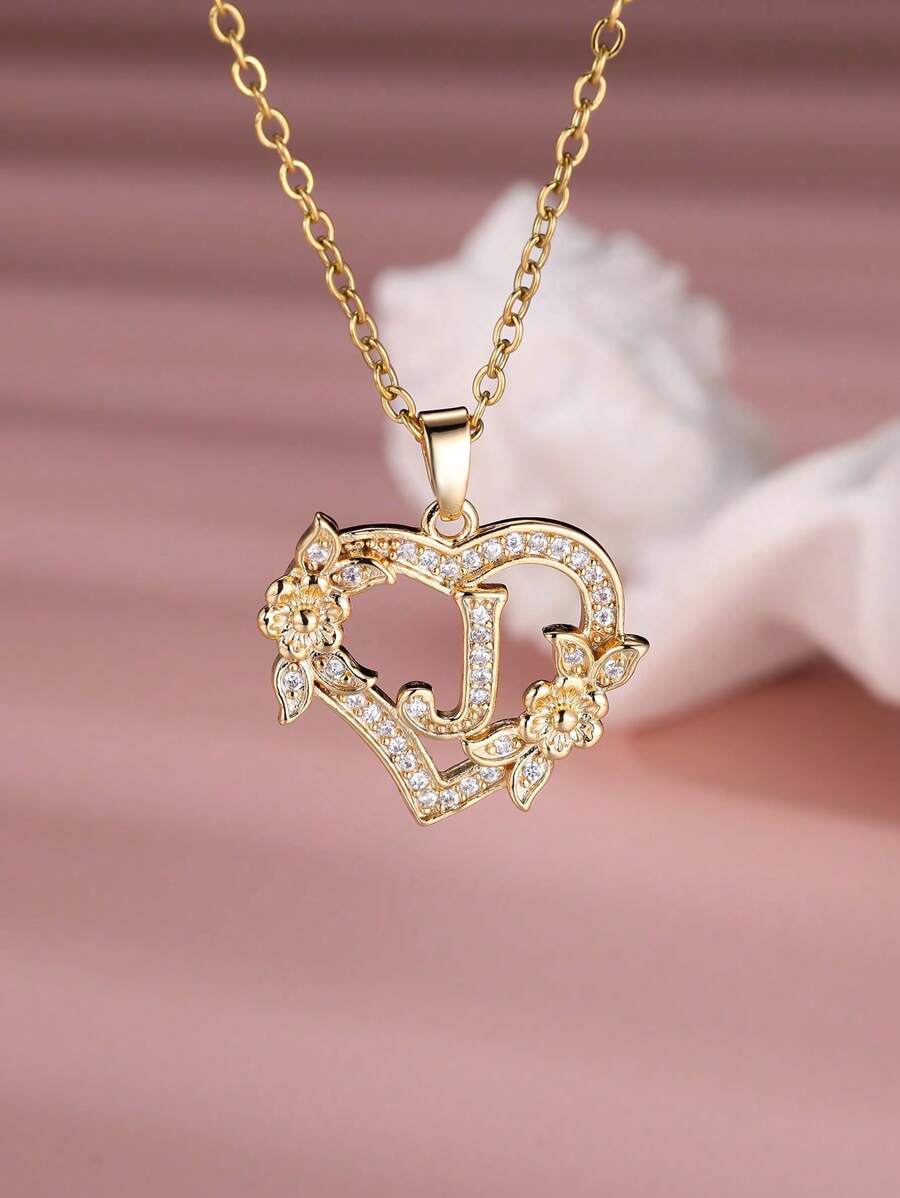 Tsnamer 1 Stück exquisiter Halskette mit kubischem Zirkonia-Initialen und herz-geschnitztem 26 Buchstaben A-Z sowie Blumen, Damen Schmuck für den täglichen Gebrauch