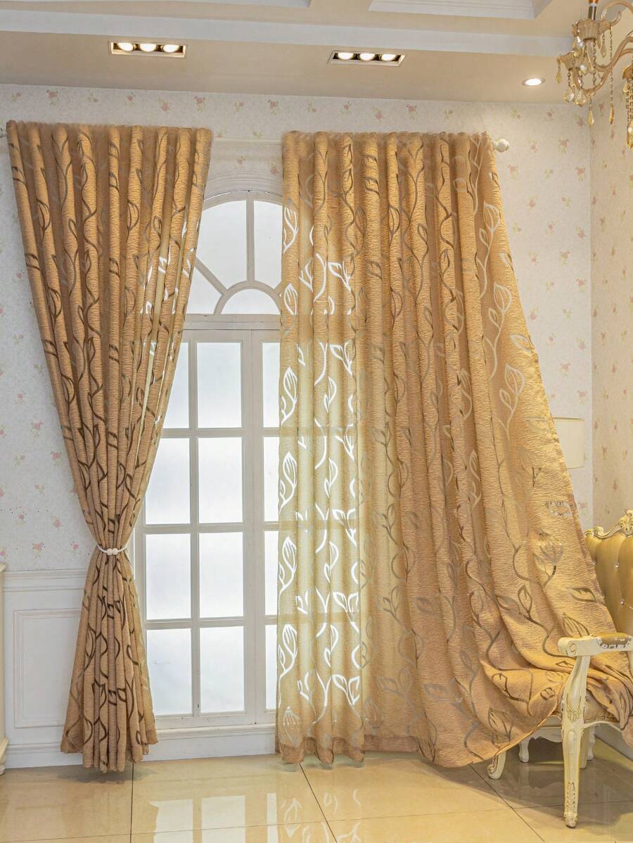 1pc Khaki Floral Cutout Vine & Leaf Sheer Curtain