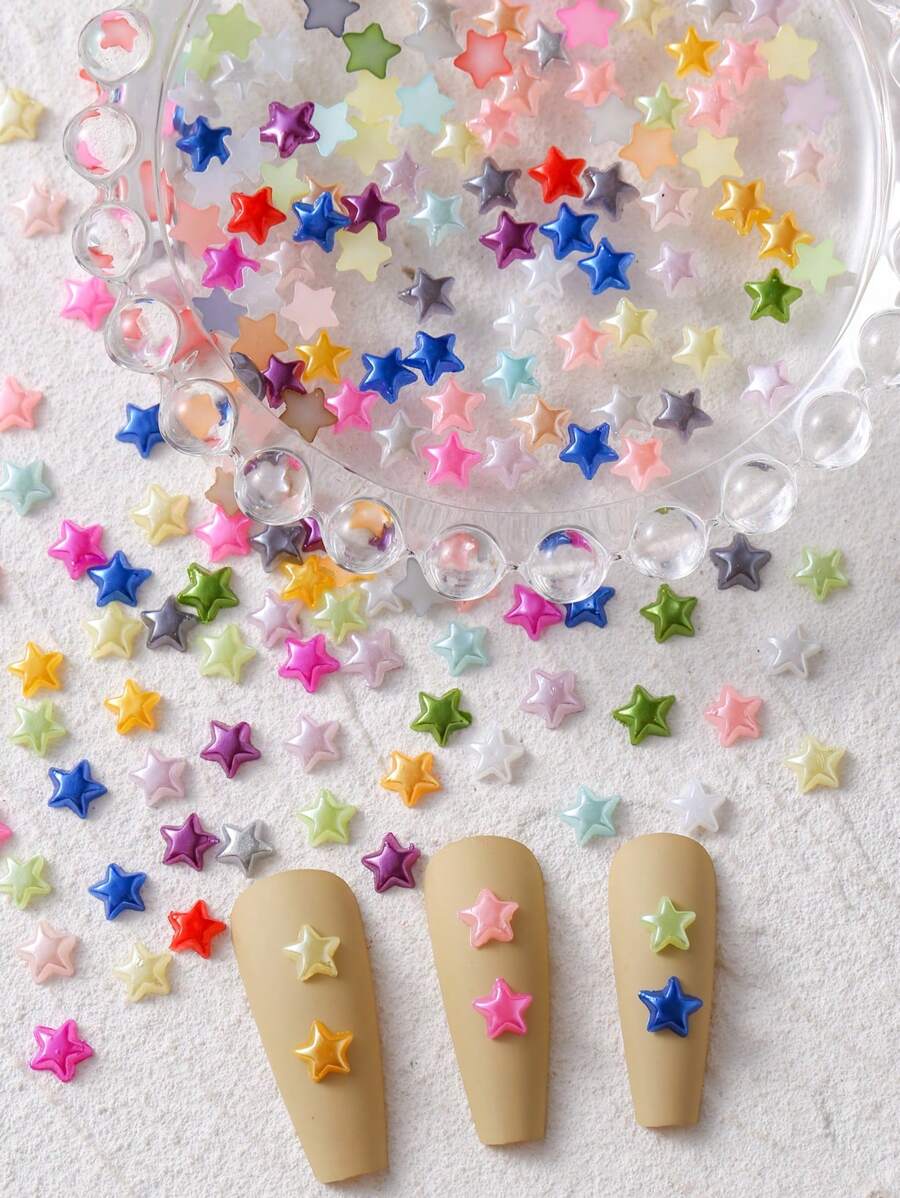 100pcs/Pack Y2K Pearl Star Mini Colorful Mixed Nail Art Accessories DIY Simple Flat Bottom Pentagram 3D Acrylic Solid Color Women's Casual Art Nail Accessories Nail Charms Nail Gems Nail Supplies