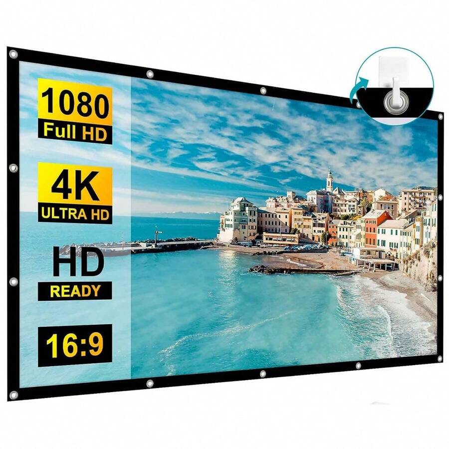 VOJCBKRE Pantalla de proyección para exteriores de 60 pulgadas, pantalla de proyector lavable de 16:9 plegable y antiarrugas, portátil para cine en casa, para uso en interiores y exteriores, que admite proyección por ambos lados