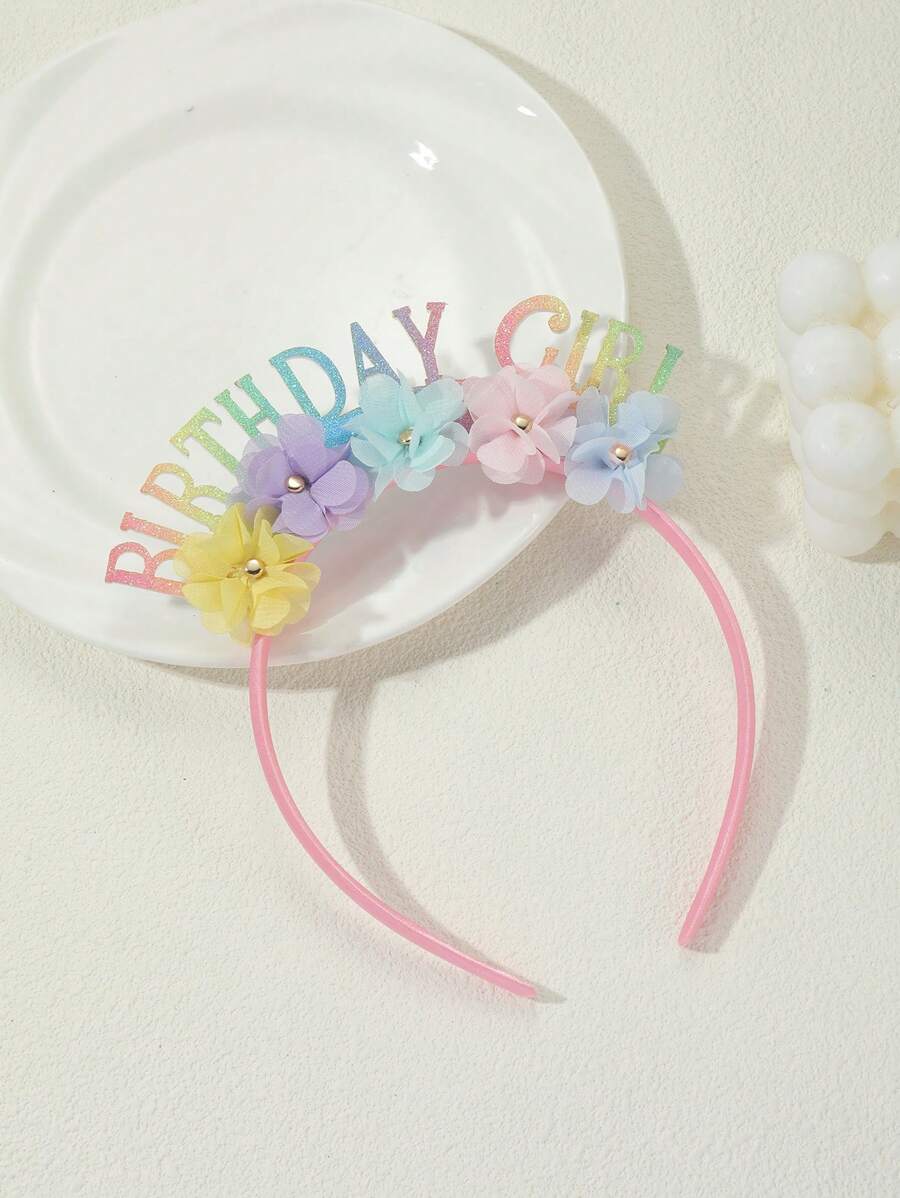 1pc Rainbow Glitter Birthday Girl Letter Headband With 5 Assorted Color Small Flower Rivets, Birthday Party Hair Accessory