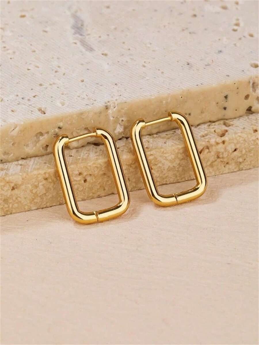 1pair Golden Metallic Geometric Square Circle Earrings For Women, Minimalist Round Dangling Ear Studs, Punk Style Jewelry