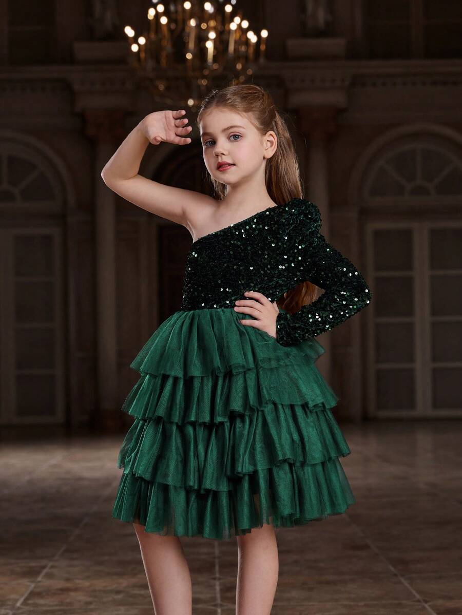 Tween Girl One Shoulder Long Sleeve Layered Tulle Hem Formal Dress