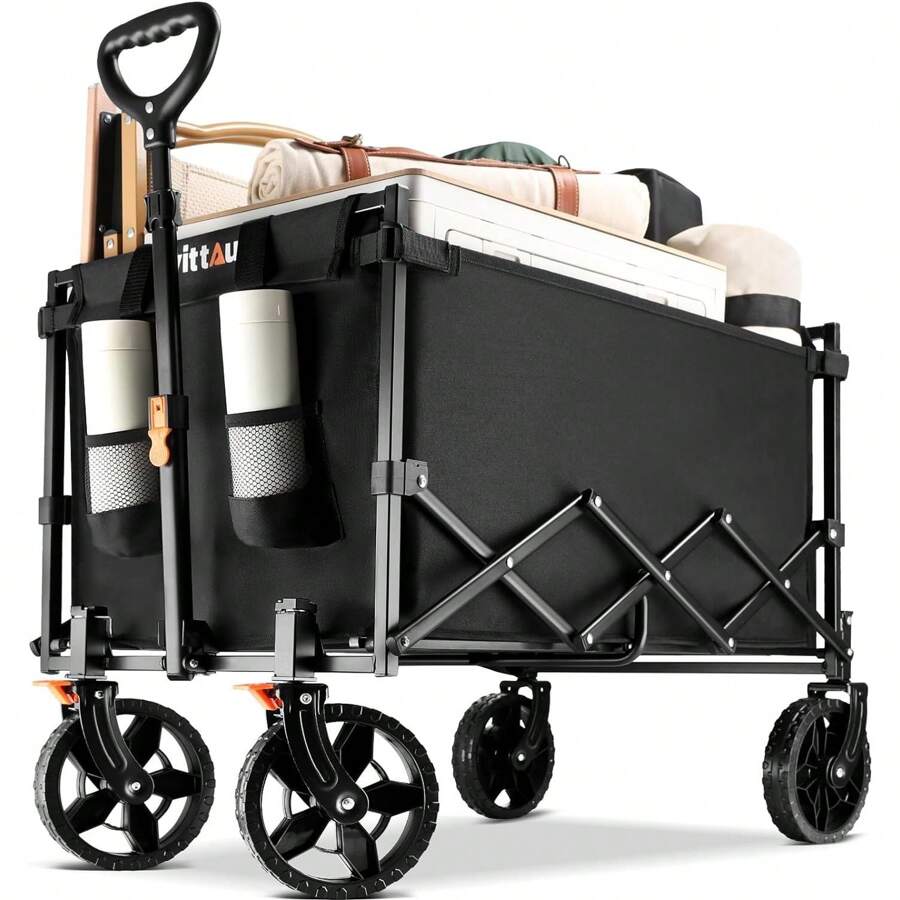 Debao Collapsible Wagon Cart Heavy Duty Foldable, Portable Folding Wagon with Ultra-Compact Design, Utility Grocery Wagon for Camping Sports Shopping, Black
