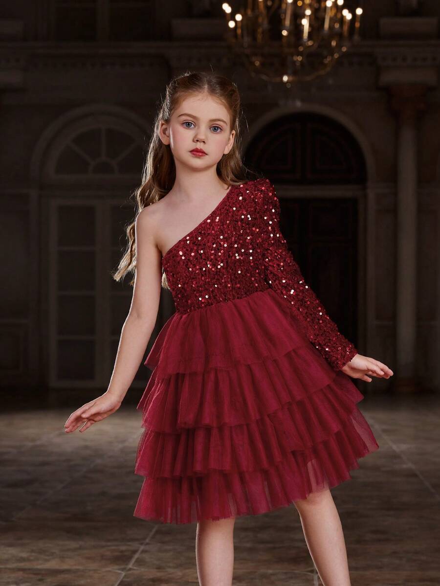 Einschultriges, langärmliges, geschichtetes formelles Kleid mit Netzsaum für Tween-Mädchen