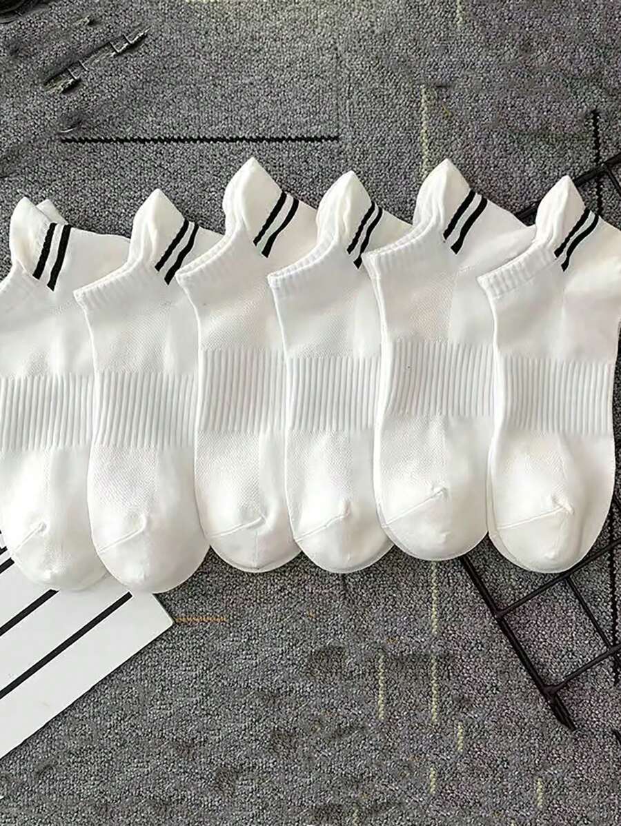 6 Pairs/Set White Striped No-Show Socks, For Gym Sports