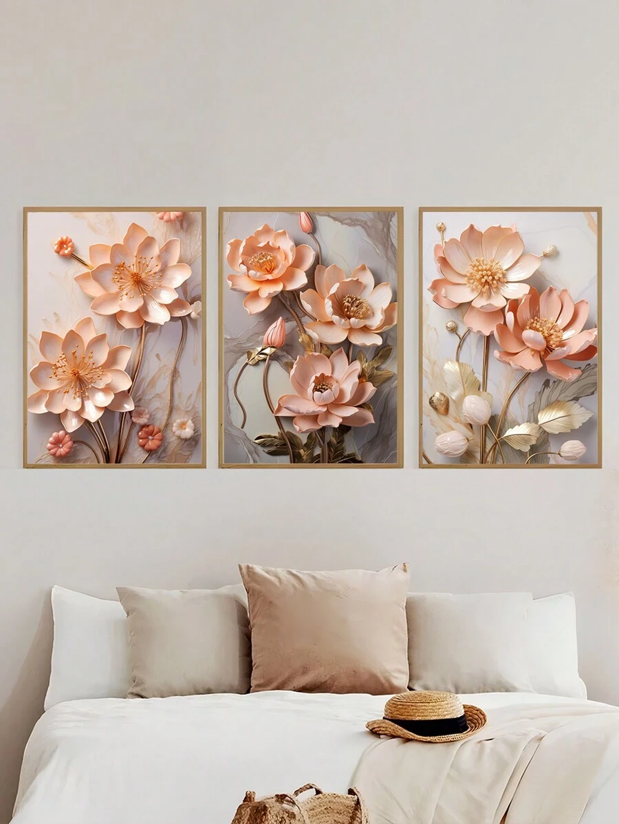 Kit 3 Quadros Lotus Rosa Gold Sala Quarto Escritório Hall