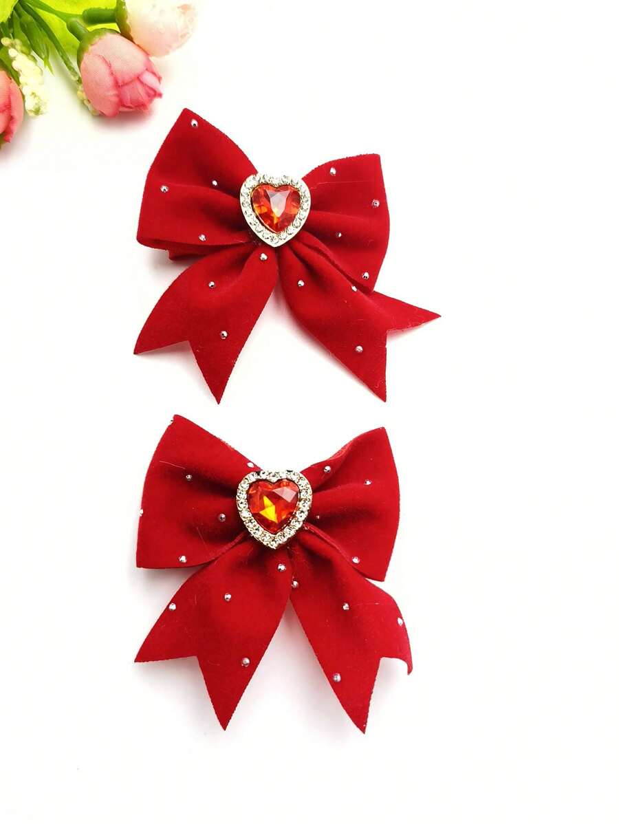 2 pinzas para el cabello de niñas, con decoración de corazón, perla, cristal y lazo, pinzas de cocodrilo