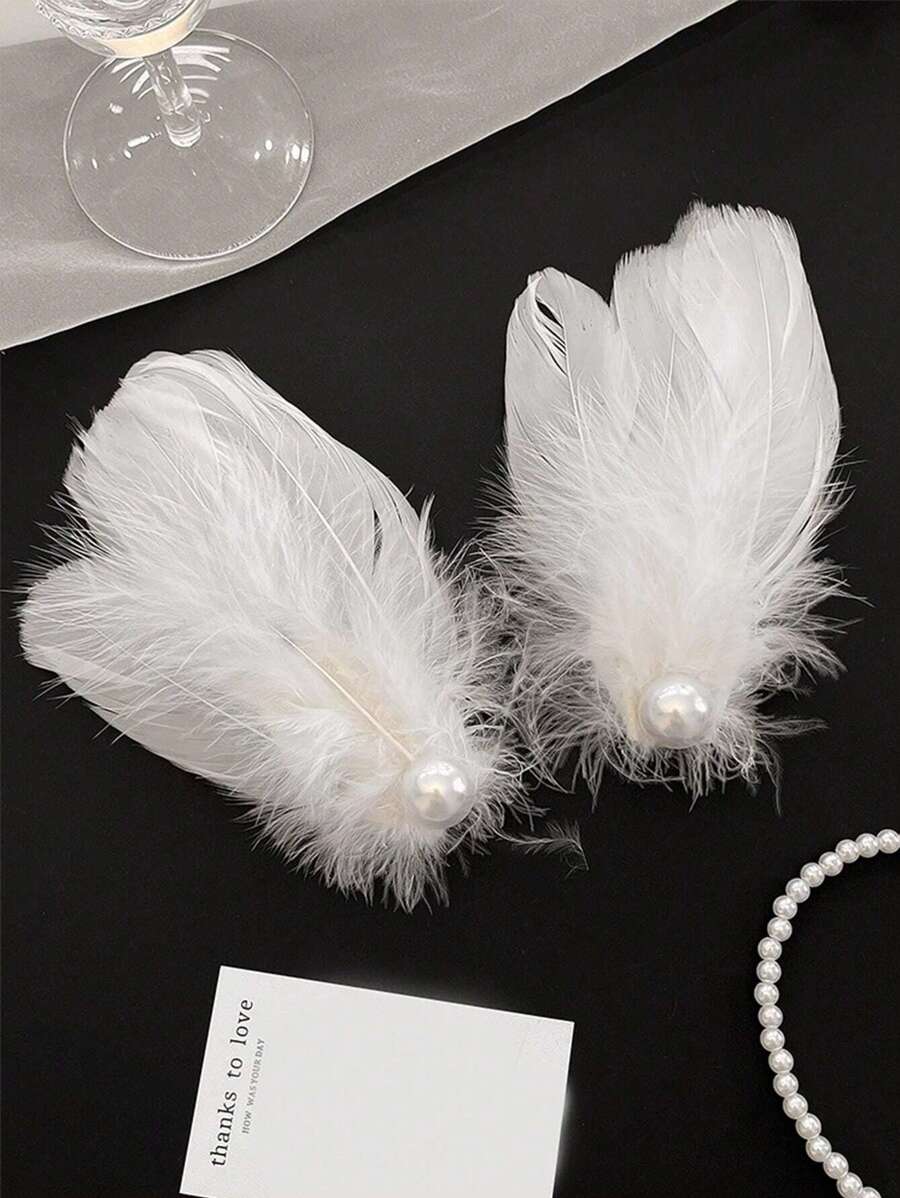 2 pièces Élégantes Barrettes de Cheveux avec Perles Blanches Factices et Plumes pour Femmes, Convient pour Représentation de Danse et Photographie en Extérieur