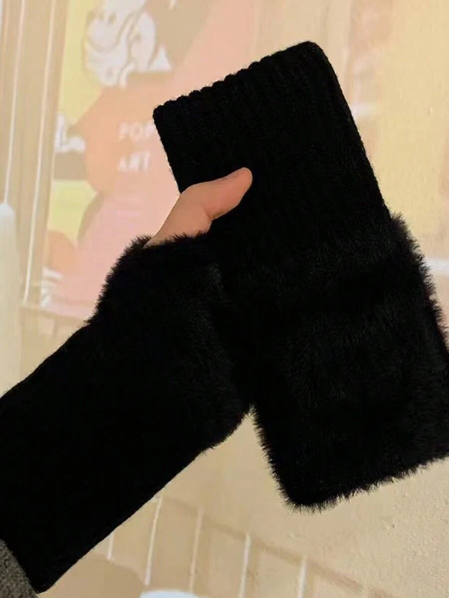 1 Paire De Gants À Demi-doigts En Mink En Peluche Douce Pour Femmes En Hiver, Luxueux Et Chauds, De Couleur Blanc Uni, Tricotés, Sans Doigts, Avec Des Mitaines Pour Le Poignet, Pour Écrire