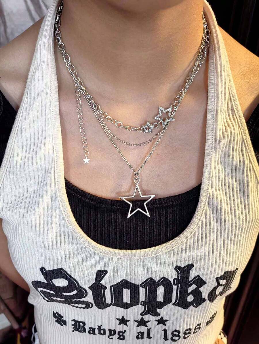 2pcs/set Double-layered Necklace With Big Star Pendants, Fairy/ins/hip-hop Style Collarbone Chain For Women, Y2k Jewelry