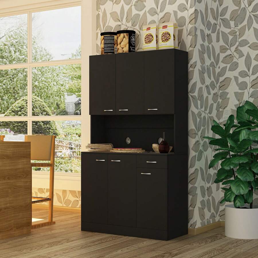 QQD 71" Pantry Cabinets With Hutch Tall Kitchen Pantry Storage Cabinet Sideboard Buffet Cabinet With 6 Doors, Large Countertop, Adjustable Shelf, Kitchen Dining Room Sideboard