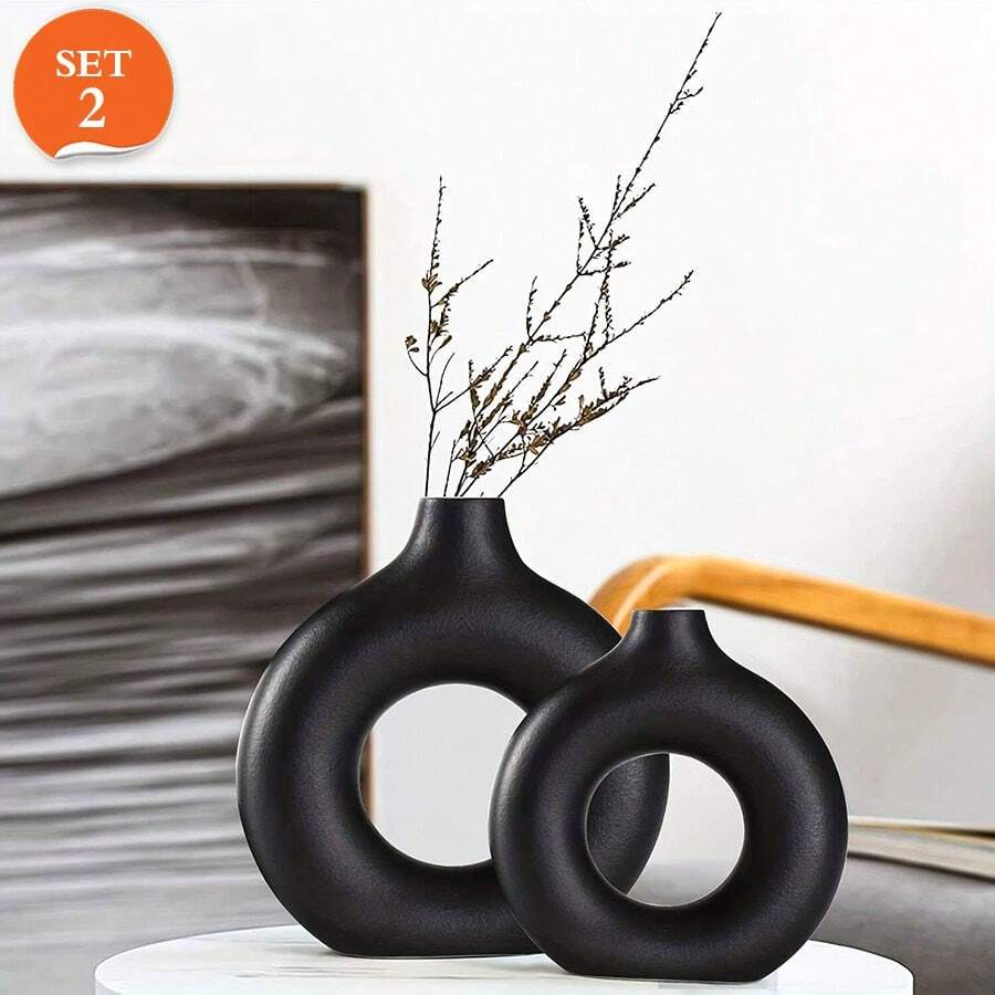 Ceramic Vase Set 2 for Modern Boho Decor,Round Matte Pampas Flower Vases Minimalist Nordic Boho Ins Style for Wedding Dinner Table Party Living Room Office Bedroom, Decorative Gift