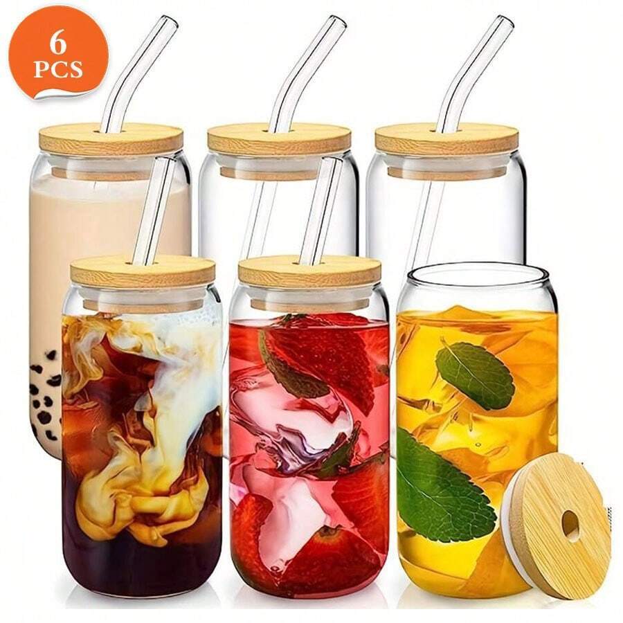 1 Set Glass Cups With Bamboo Lids And Glass Straw - Beer Can Shaped Drinking Glasses, 500ml/17 Oz Iced Coffee Glasses, Cute Tumbler Cup For Smoothie, Boba Tea, Whiskey, Water