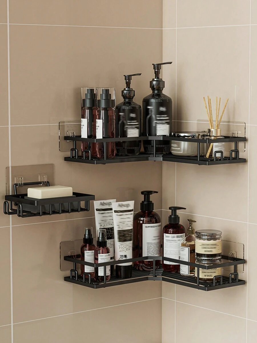 3 piezas Juego de almacenamiento de baño de acero inoxidable sin taladrar: Estantería de ducha de esquina, organizador de ducha montado en la pared con adhesivo para gel de ducha, champú, jabón, decoración del hogar, organizador de baño, decoración de otoño, regreso a la escuela