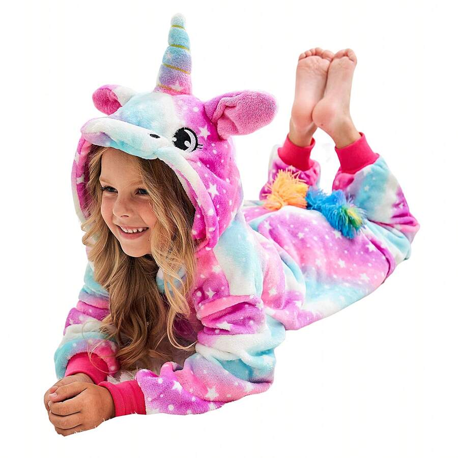 Pijama Roupa de dormir infantil de menina unicórnio kigurumi rosa estrelado de pelúcia desenho animado