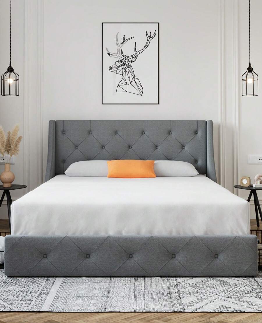 SHA CERLIN Upholstered Platform Bed Frame with 4 Storage Drawers and Wingback Headboard, Diamond Stitched Button Tufted Design, No Box Spring Needed, Grey