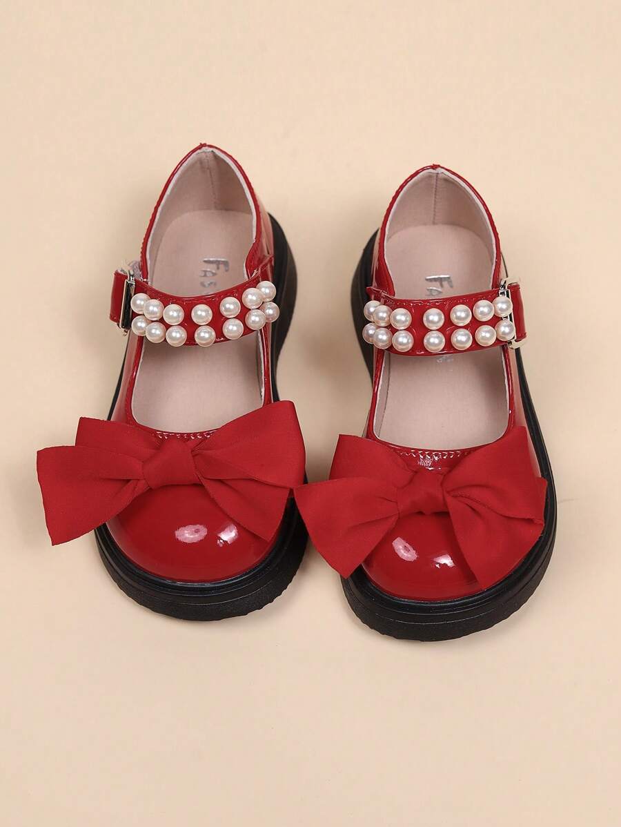 Zapatos planos tipo Mary Jane con decoración de lazo de perlas para niñas, calzado casual con estilo princesa, talla pequeña