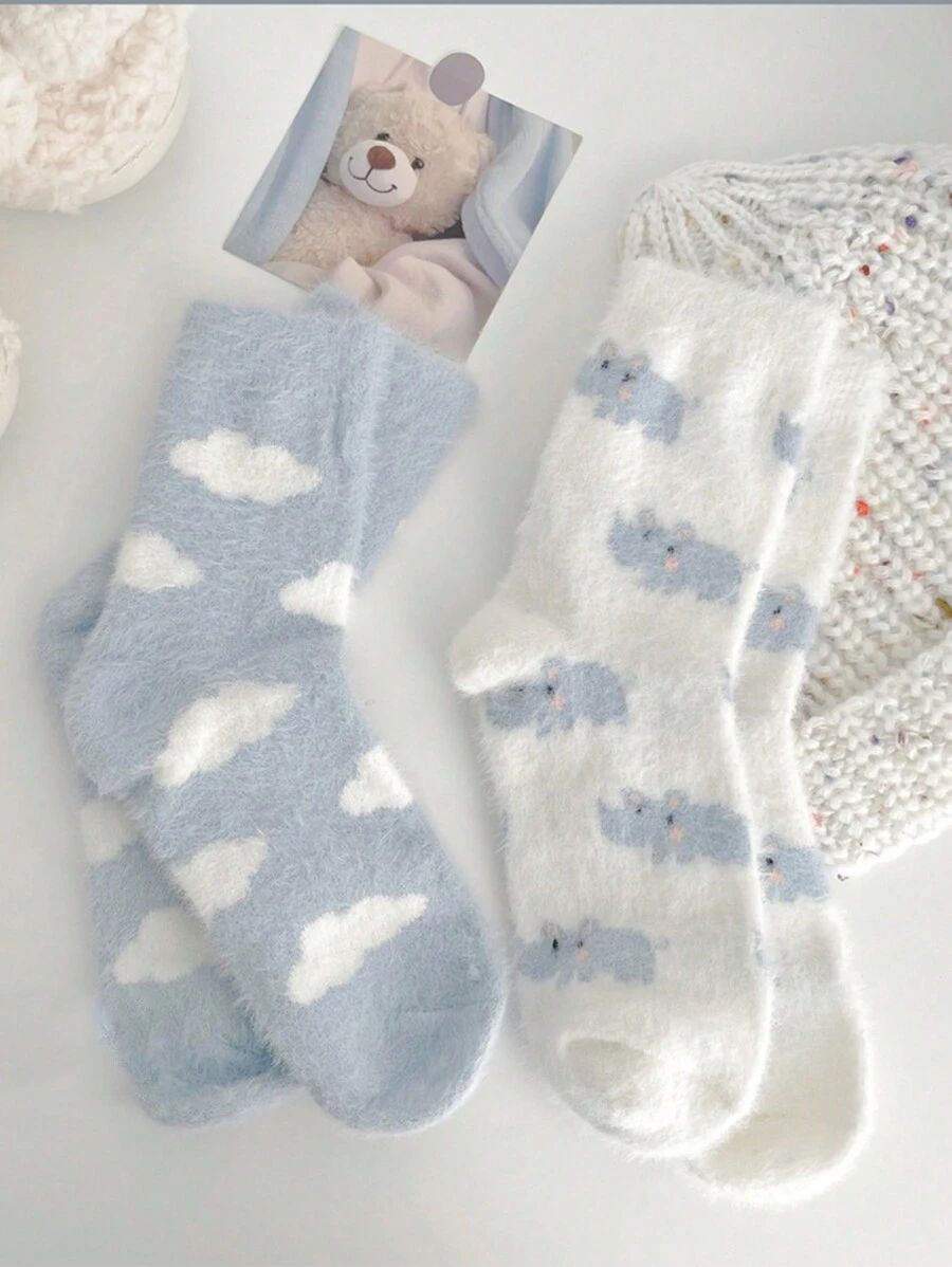 2 Pares Calcetines De Piso De Diseño De Nube Y Hipopótamo De Peluche, Lindos Y Cálidos Calcetines Gruesos Japoneses Para Mujeres En Invierno