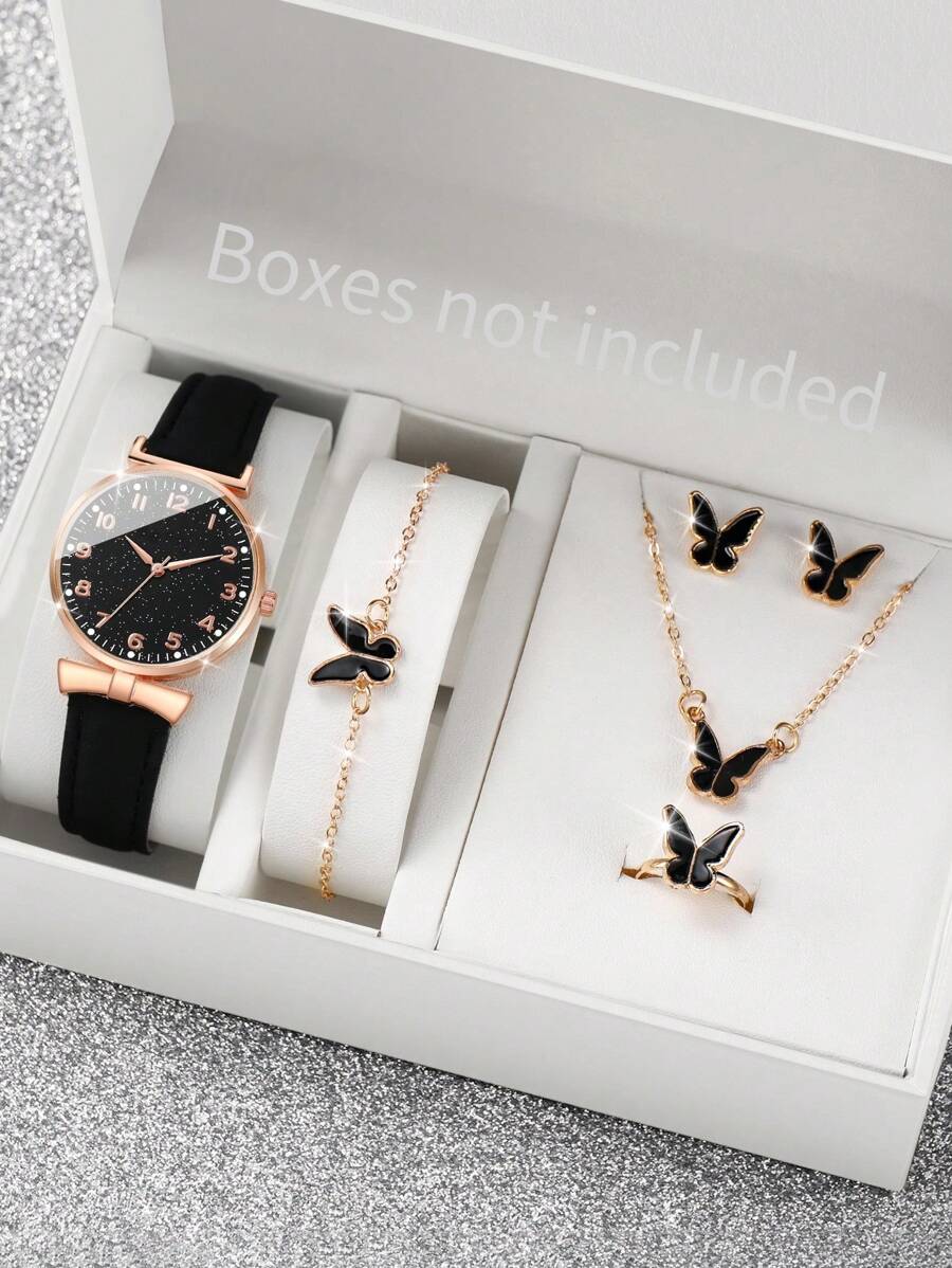 Women's Pu Leather Strap Fashionable Starry Sky Digital Dial Quartz Wristwatch + Butterfly Jewelry Set (6pcs/Set) As A Gift For Students Returning To School