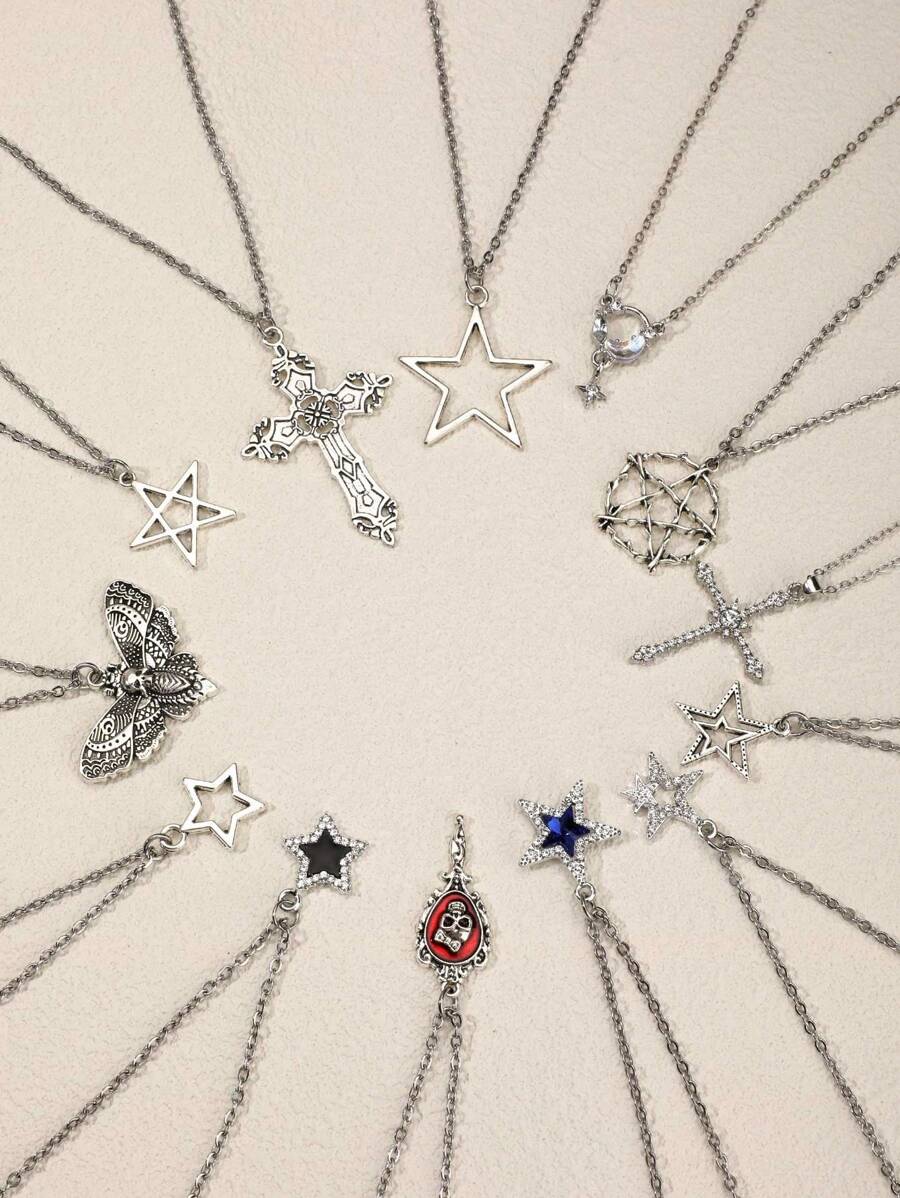5pcs/Set Y2k Vintage Gothic Punk Rock Style Star & Rhinestone Inlaid Cross & Butterfly Pendant Necklace With Stainless Steel Chain