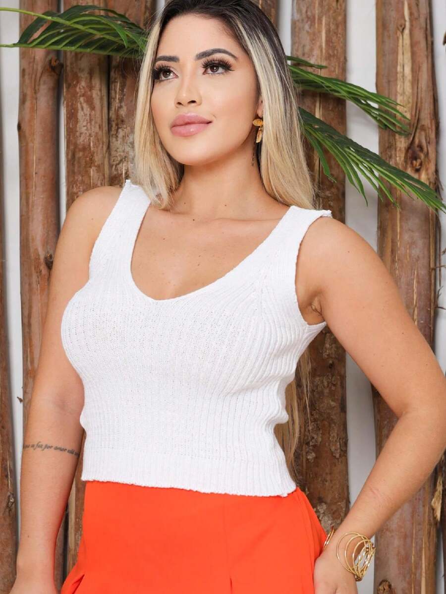 Regata Feminina Tricot Blusa Cropped Toque Macio Caimento Excelente K