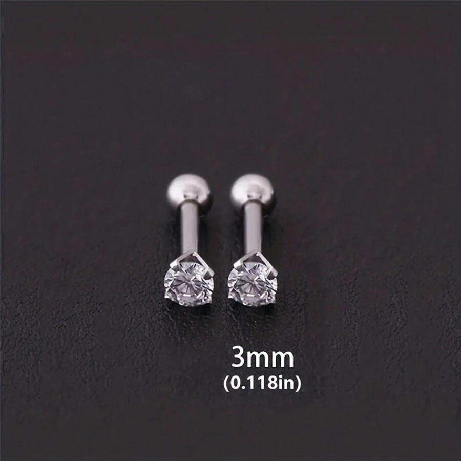 1 Par De Pendientes De Acero Inoxidable Plateado Y Circonio Cúbico De Moda Para Hombres Y Mujeres, Pendientes Suaves Y Cómodos De Bola Redonda Retorcida De 4 Garras Para El Hueso De La Oreja, Se Pueden Usar Mientras Duermen Y Nadan, No Es Necesario Quitárselos, Plateados, 3 Mm/4 Mm/5 Mm/6 Mm/7 Mm/8 Mm