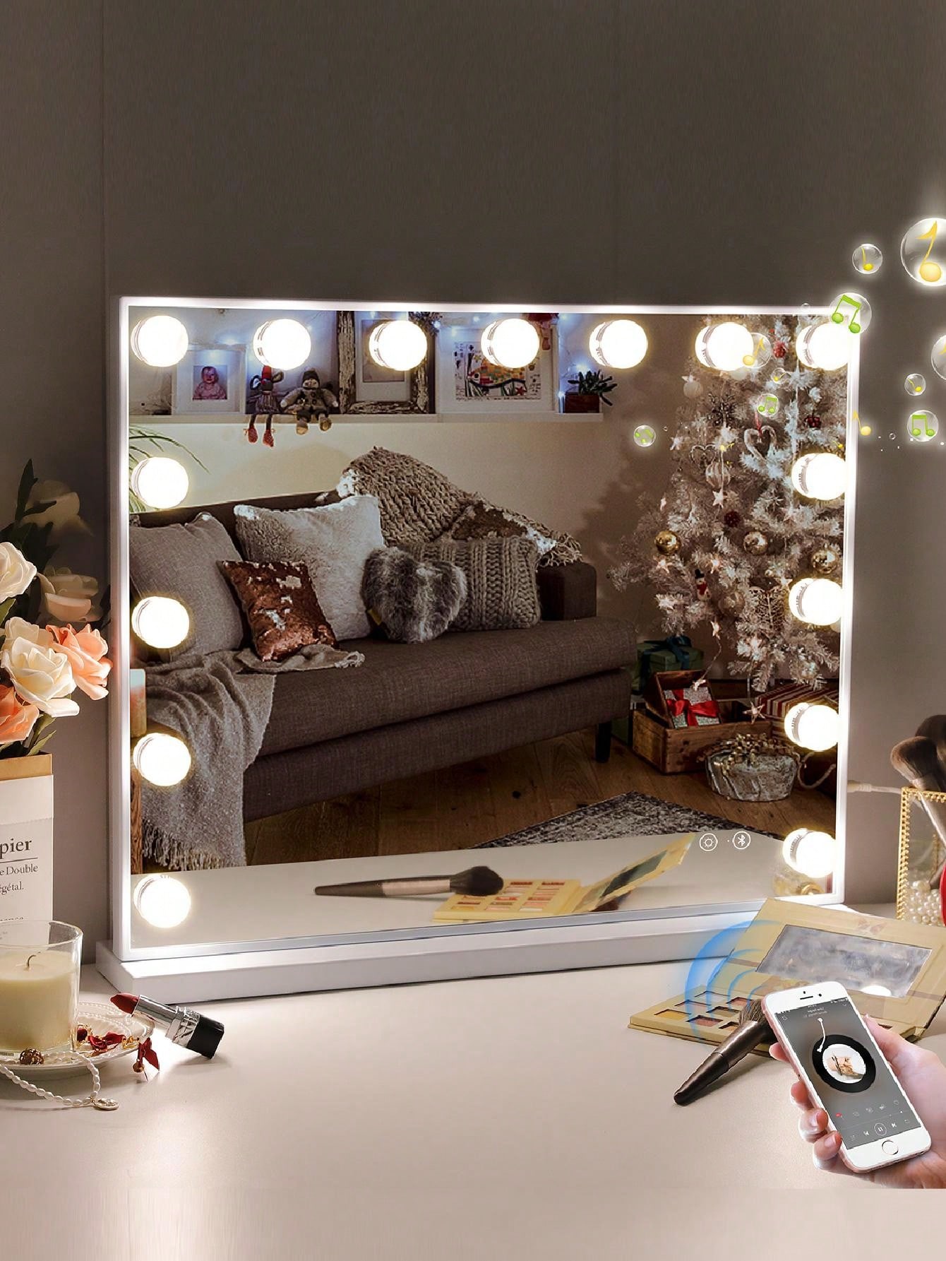 FENCHILIN avec Haut - parleur Bluetooth, miroir de maquillage avec prise USB, 15 lumières LED dimmables, miroir, miroir de maquillage à commande tactile avec éclairage, fonction de stockage de lumière tricolore, blanc 58cm x 46cm
