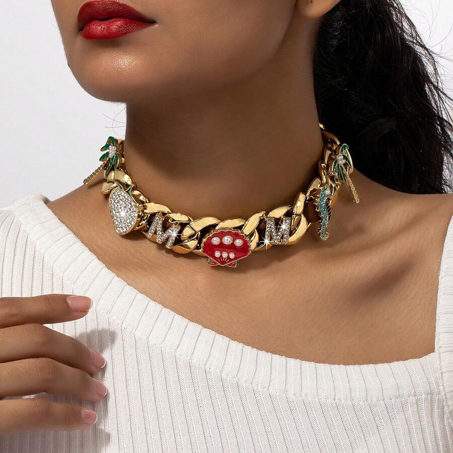 1pc Unique Design Exaggerated Faux Pearl & Thick Chain Necklace, Hip Hop Style Unisex Fashion Accessory