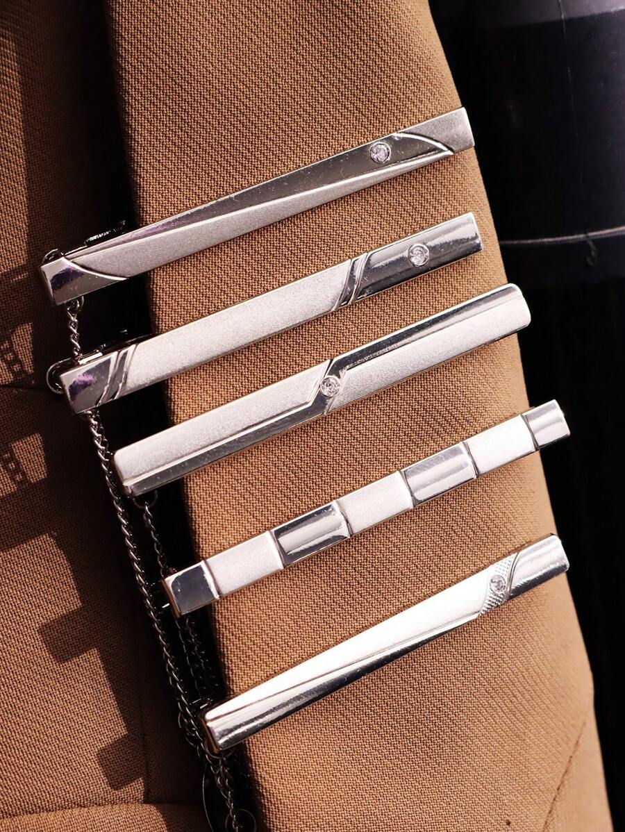 5pcs/set Silver Metal Luxury Business Style Simple Flower Brooch With Diamond & Matte Tie Clip Set, Men's Jewelry