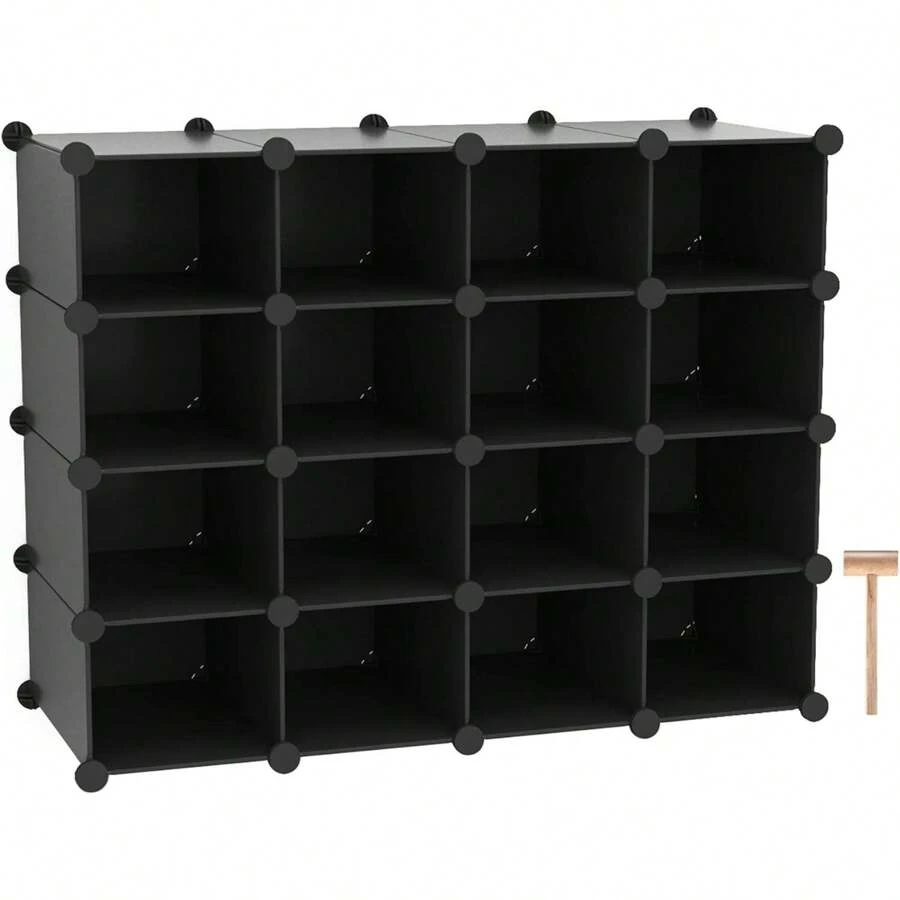 Debao Plastic Shoe Rack,16-Cube Modular Shoes Storage Stand, Multifunction Closet Cabinet, Stackable Shoe Organizer Units for Bedroom Living Room Doorway, 36" L 14.2" W 28" H Black SRP15B