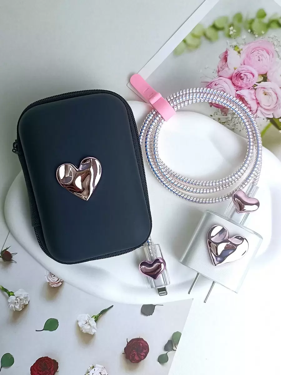 6pcs 3D Pink Heart Shaped Apple Charger Protective Covers And Cable Organizer For Charging And Data Cables