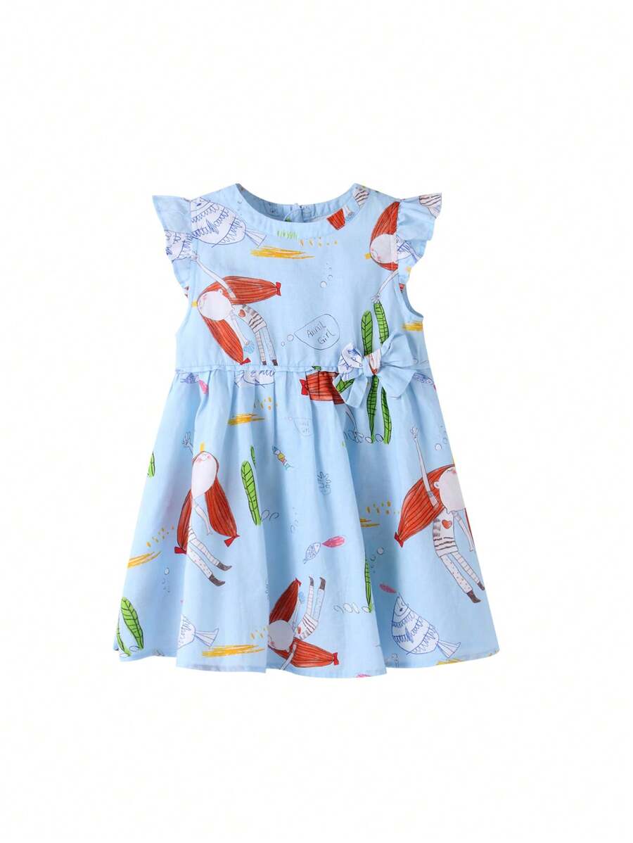 Annil Young Girl Dress Summer Cartoon Print Bow Decorated Round Neck Short Sleeve Dresses Blue